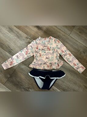 Janie and Jack Peach Tropicaly Rash Guard with Navy Trim 3T swim